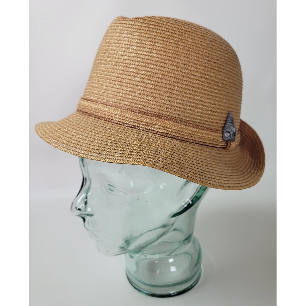 London Fog Mens Tan Straw Fedora Hat Flicker Milan Big Ben Pin Size 7